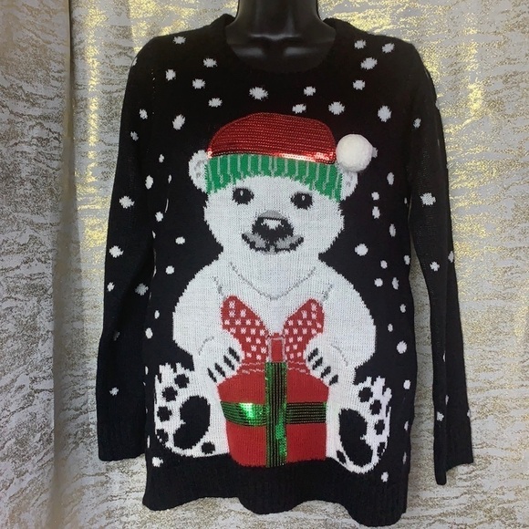 Vintage🧚♀️black ugly Christmas polar bear with polka dot print sweater size M - Picture 2 of 15